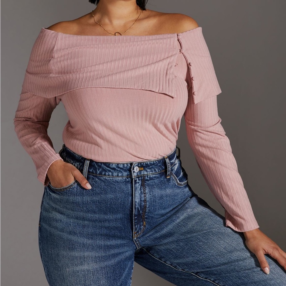 Anthropologie Pink Off-Shoulder Long Sleeve Top